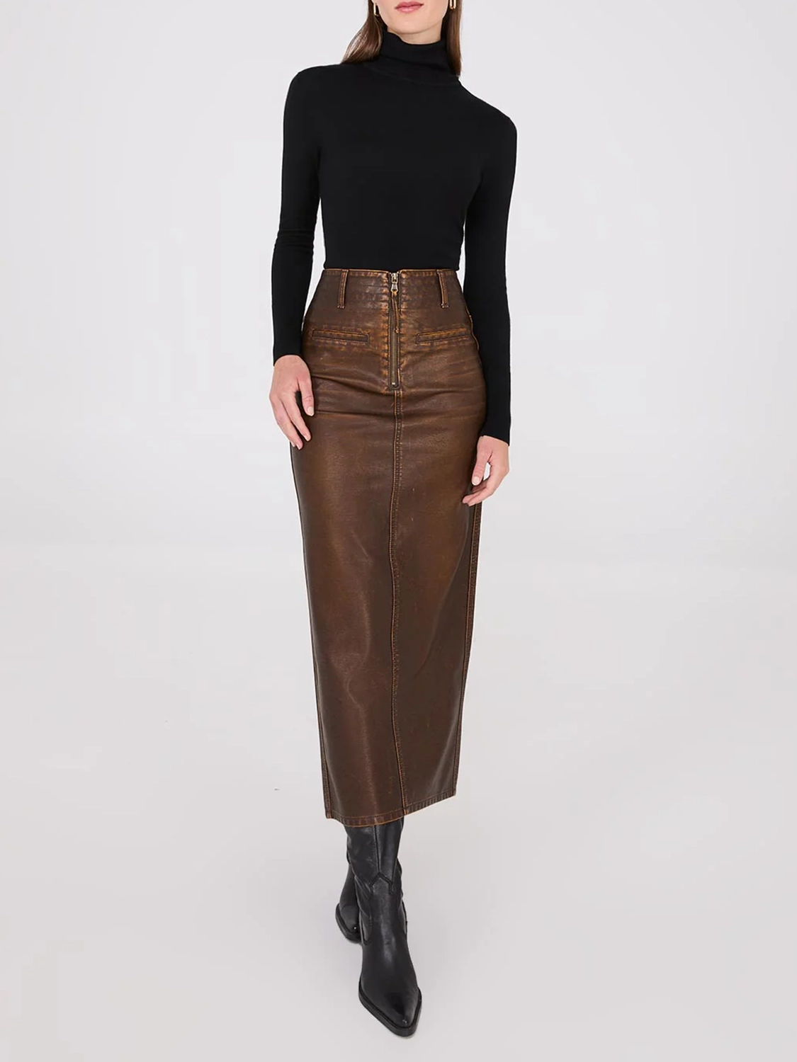 Distressed Faux Leather Maxi Pencil Skirt