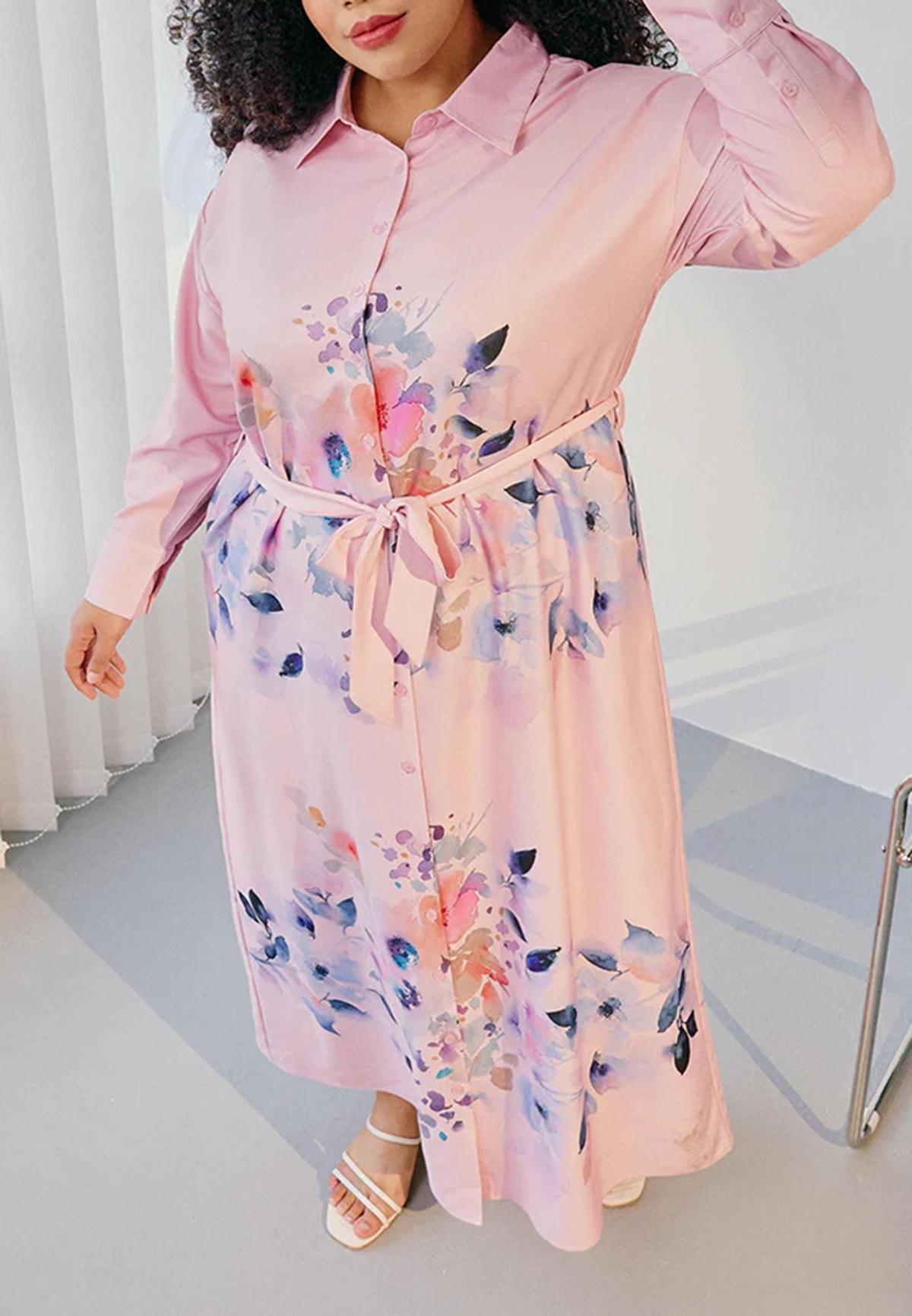 Floral Belted Long Shirt Dress