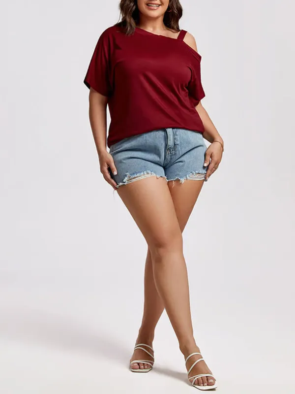 Plus Wine Red Cold Shoulder Batwing Sleeve Ruched Tee