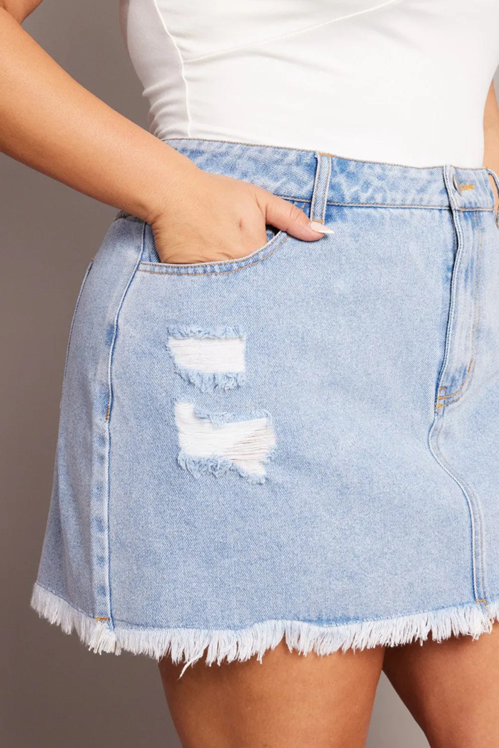 Denim Distressed High Waist Mini Skirt