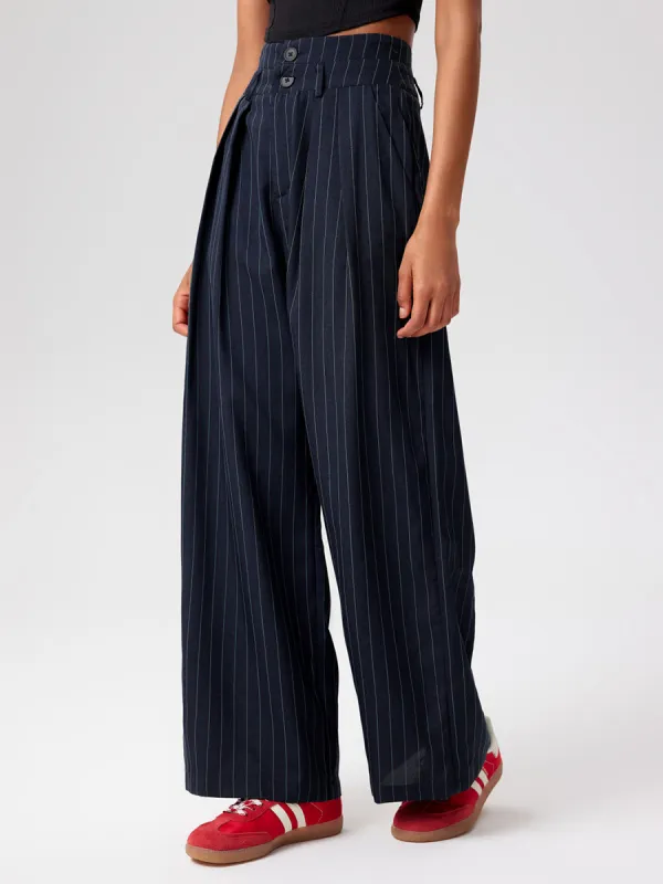 Mid Waist Striped Pleated Button Trousers