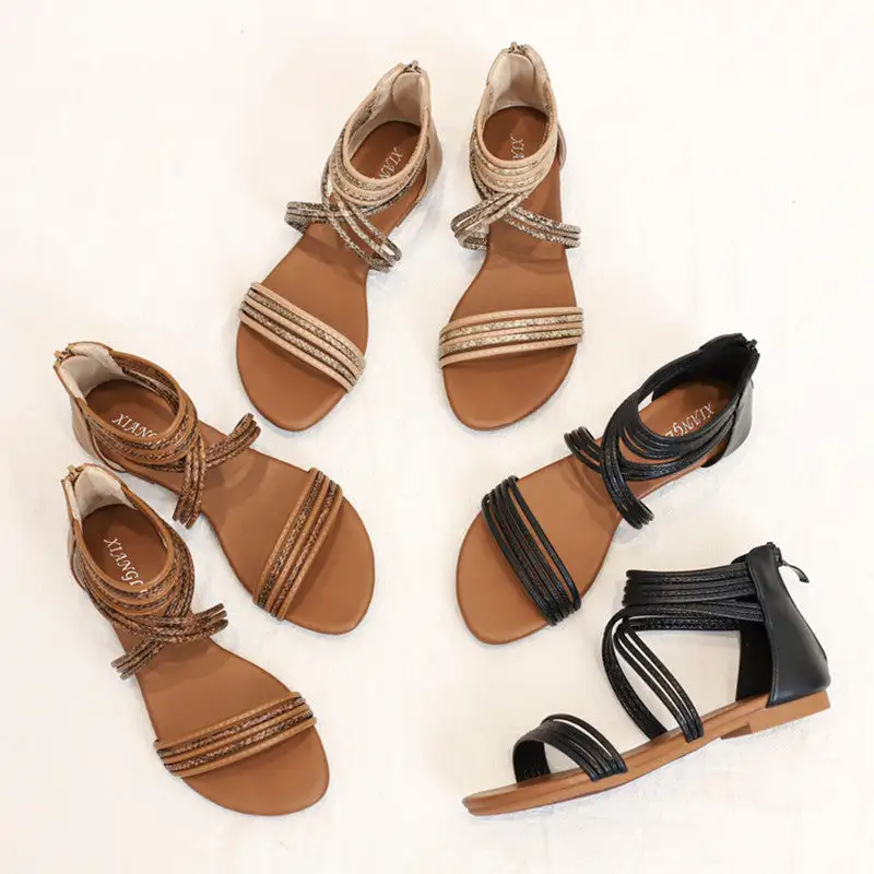 Cilool  Roman Casual Flat Strappy Ankle  Sandals