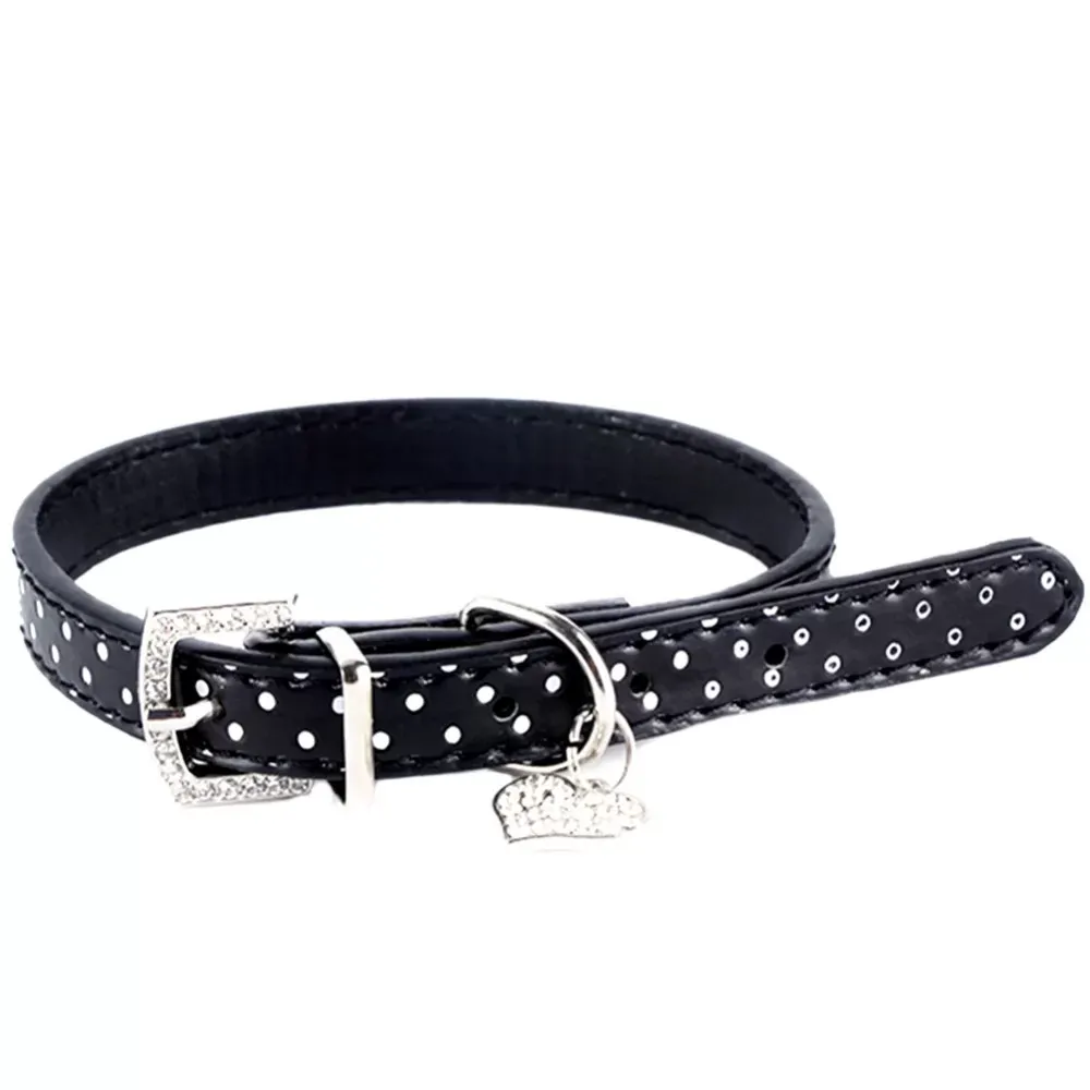 Lovely Small Pets Dog Cat Collar Polka Dot Pattern Dog Collar leather with Heart Crystal Pendant pet products