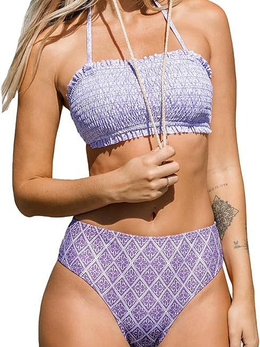 Women's Smocked Bandeau And Mid-Rise Bikini Set