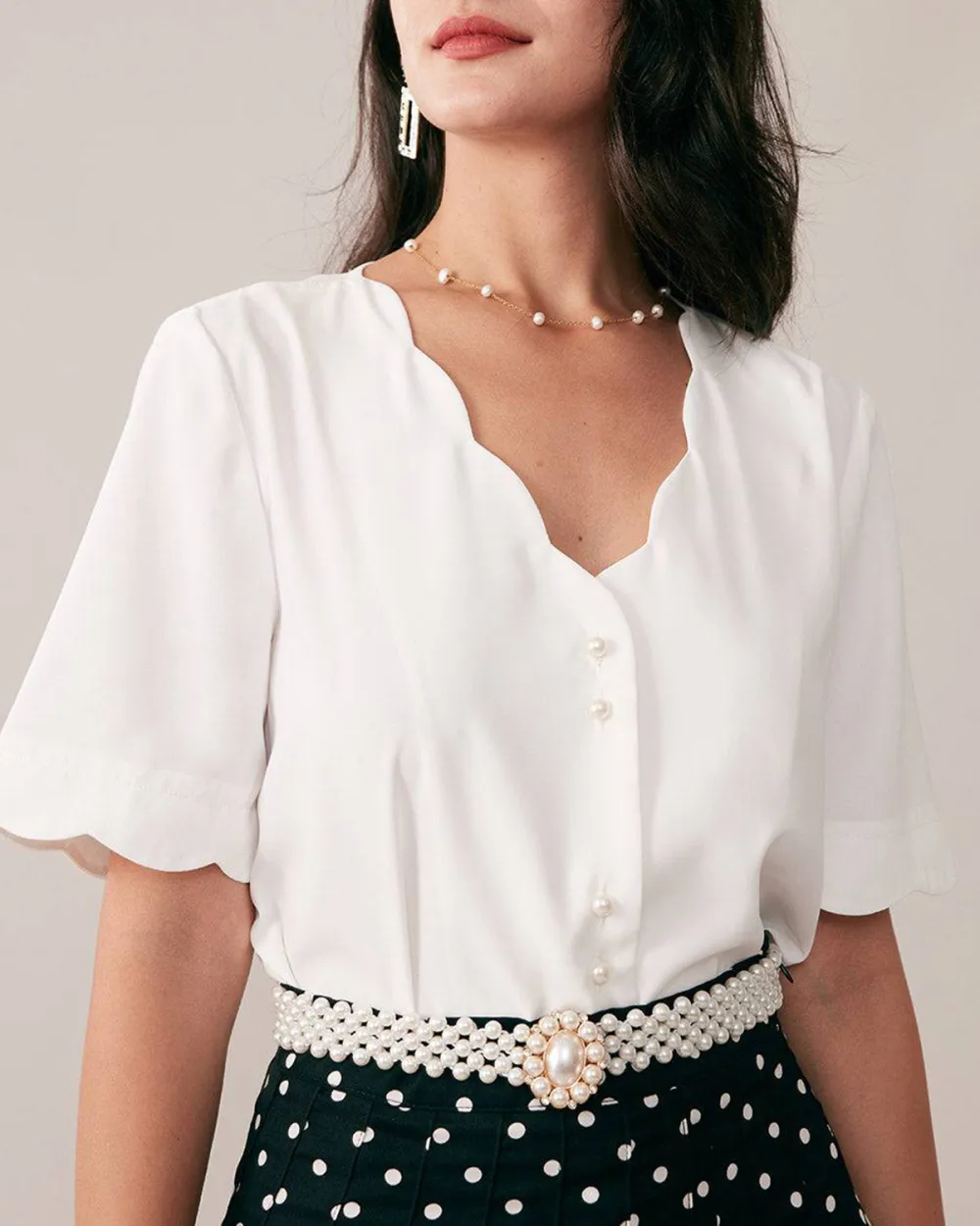 The Ruffle Neckline Pearl Button Shirt