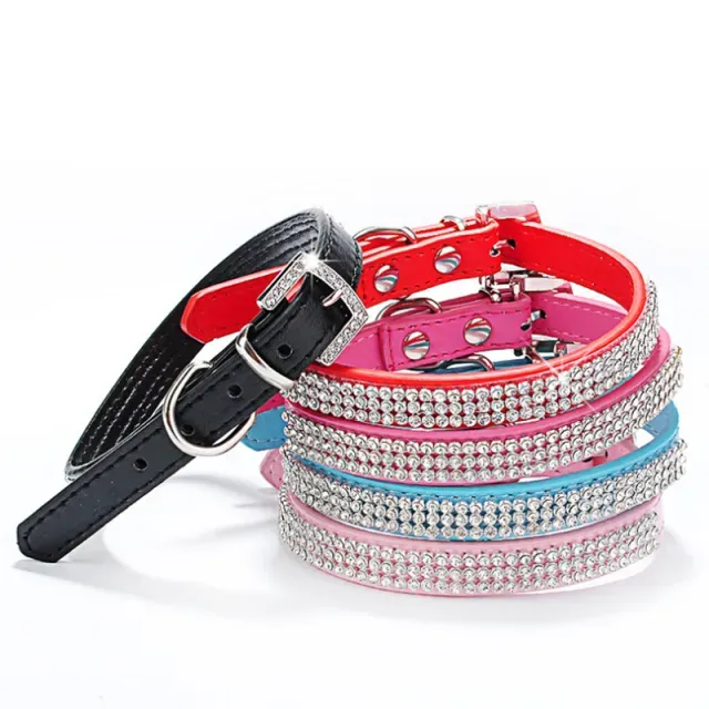 3 Rows Bling Rhinestone Small Pet Dog PU Leather Buckle Cute Cat Crystal Collar