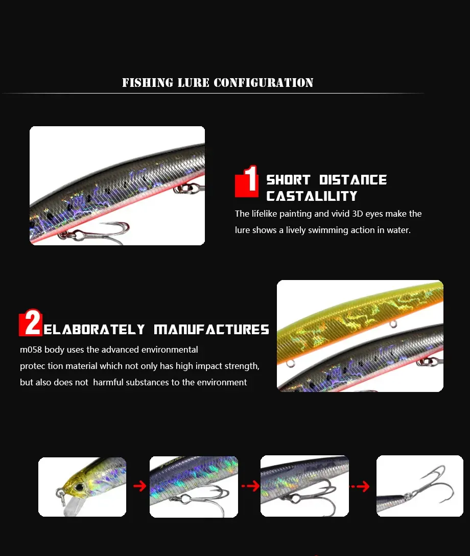 Long Casting Slim M058 Fishing Lure 125mm/15g Floating 1-3m Wobbler Artificial Bait Vibration Fishing Lure