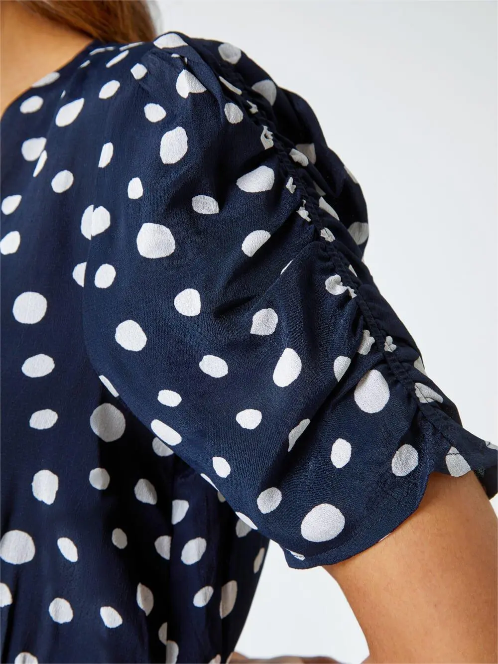 Navy Polka Dot Ruched Sleeve Midi Dress