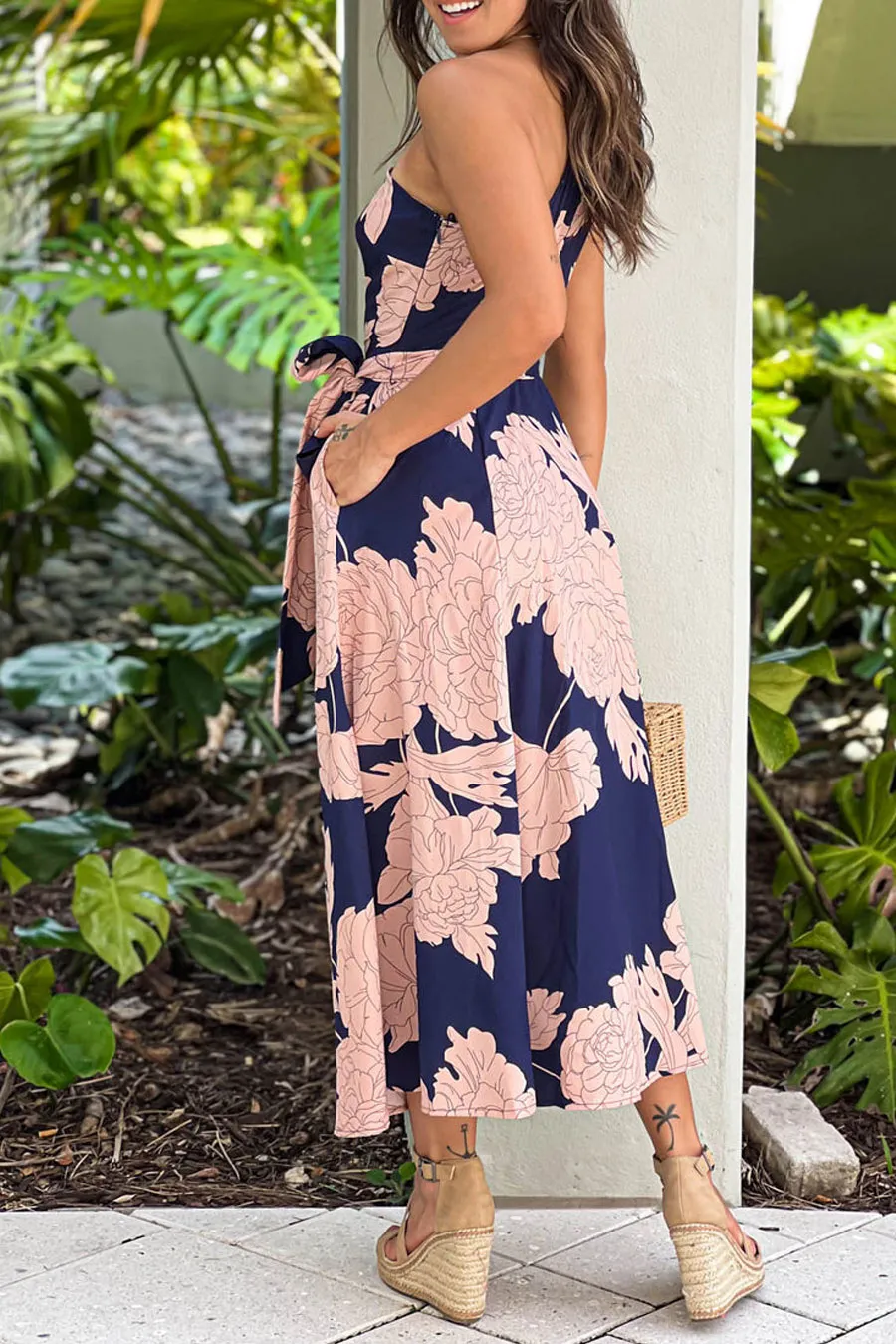 Navy Printed One Shoulder Dress