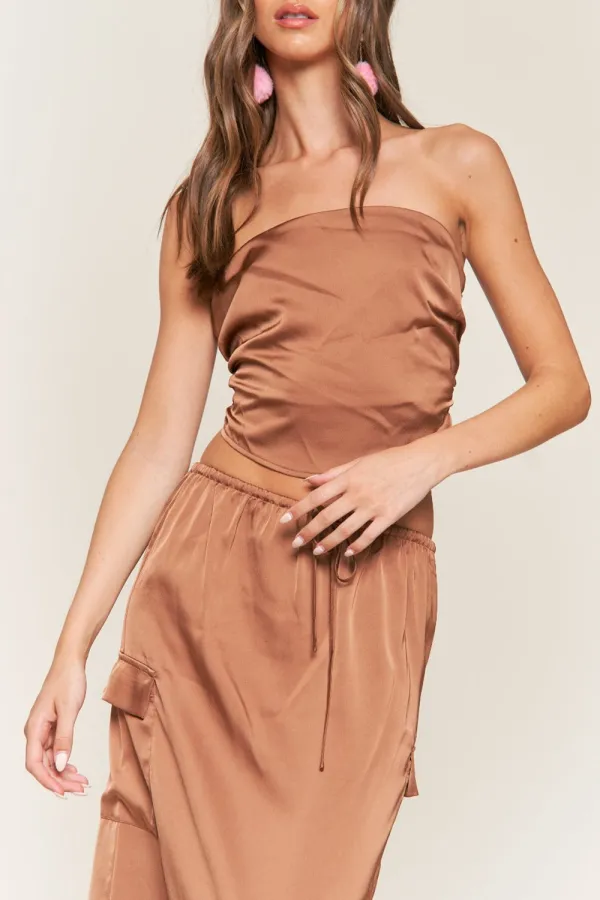 LT. BROWN SATIN BANDEAU CROP