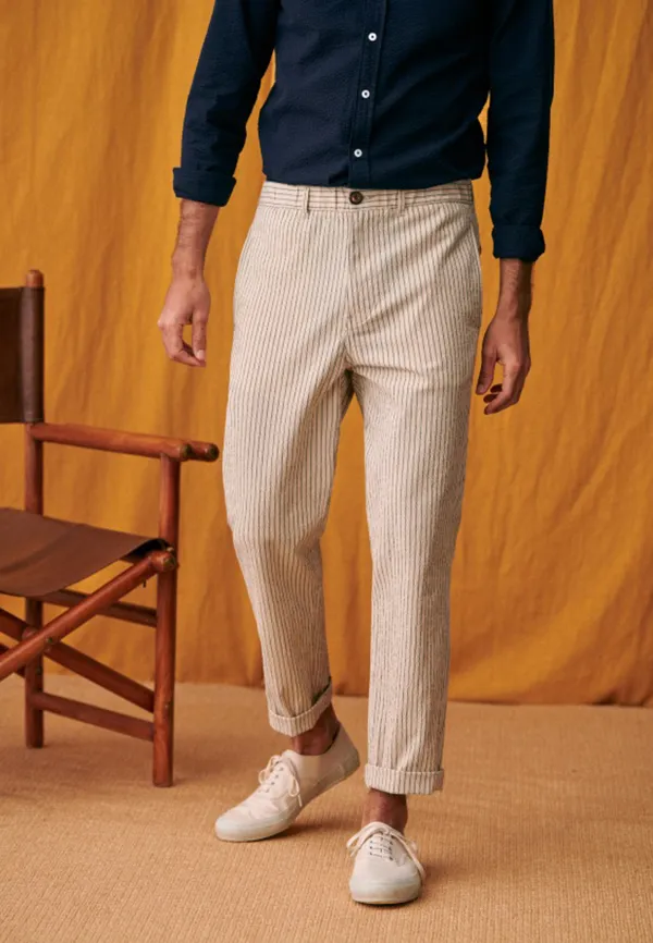 Shane Trousers-Seersucker Beige Green Stripes