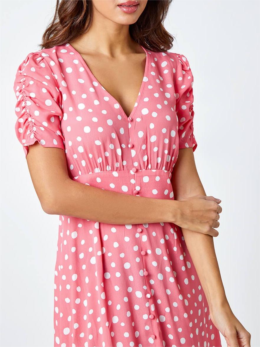 V-neck pink polka dot print dress