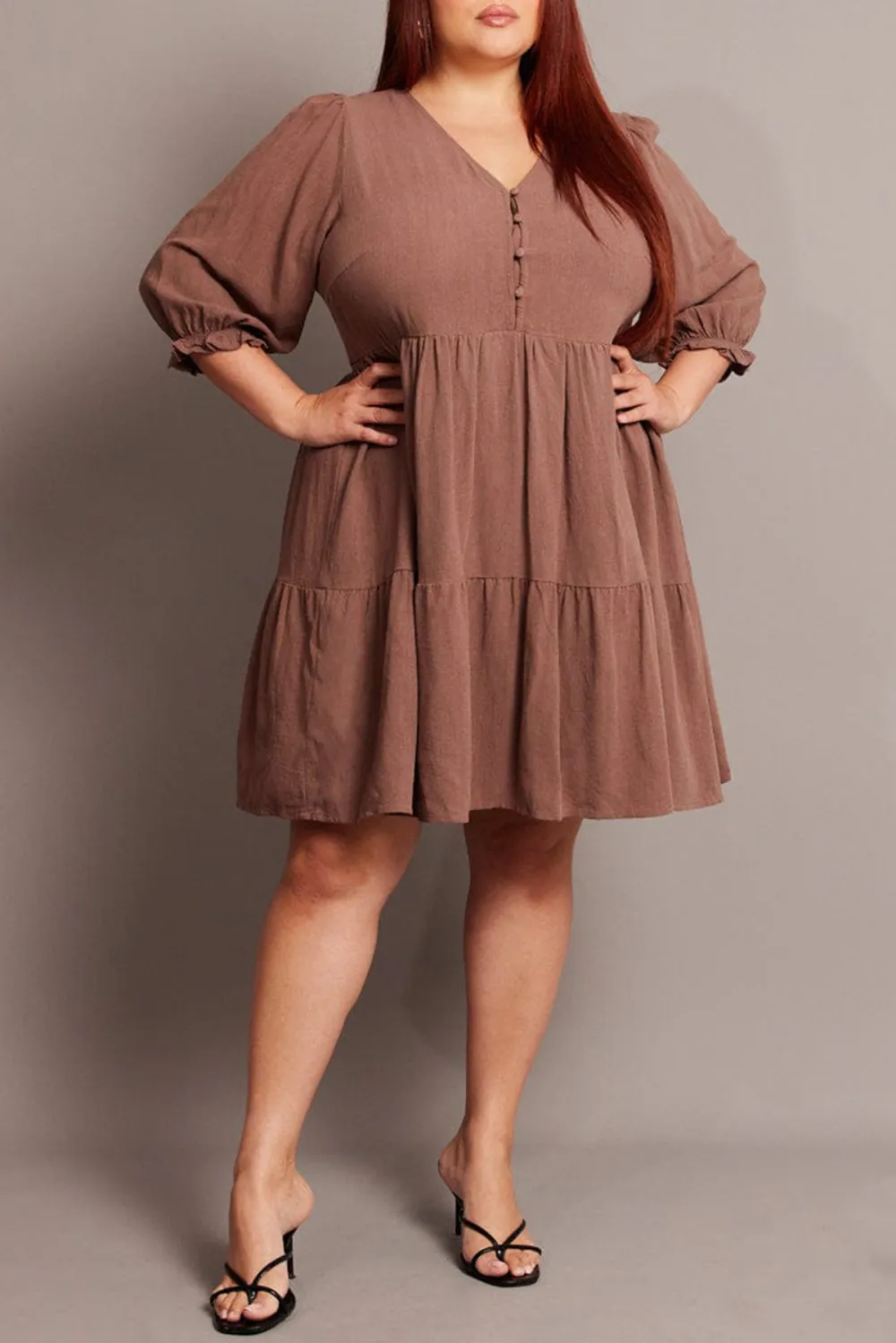 Brown One Shoulder Dress Shirred Bodice Pockets