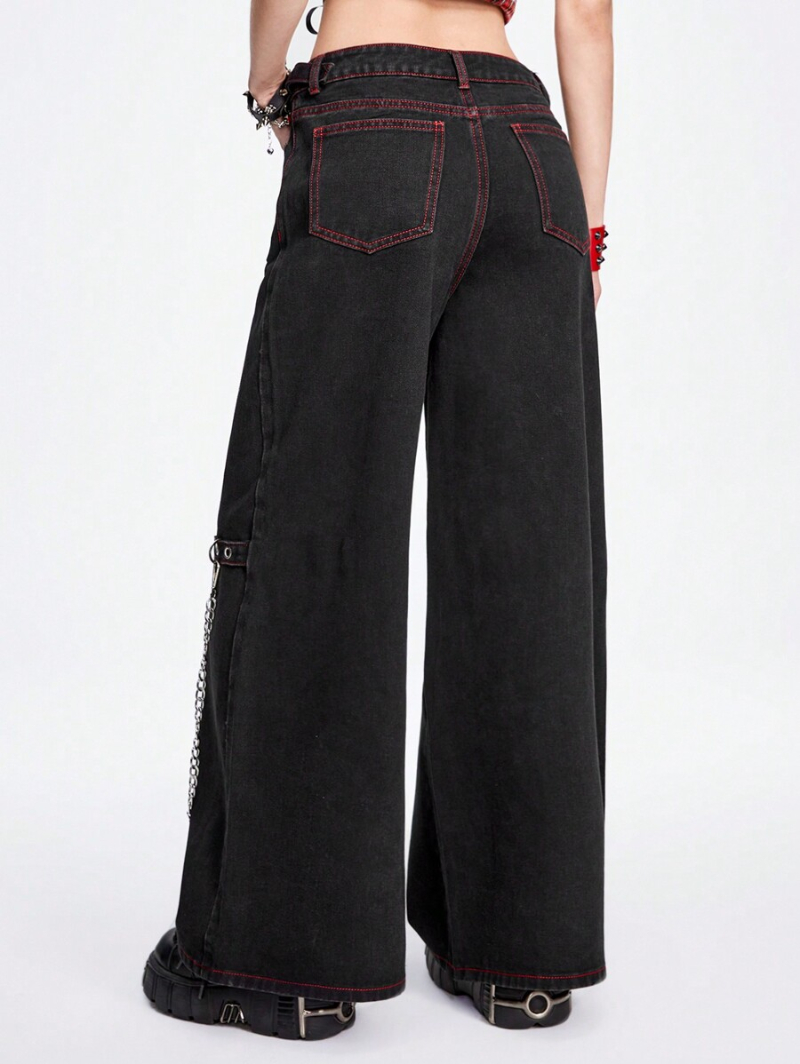 Grunge Punk Ladies Rhinestone Cross Embroidery Chicken Eye Design Wide Leg Loose Casual Jeans