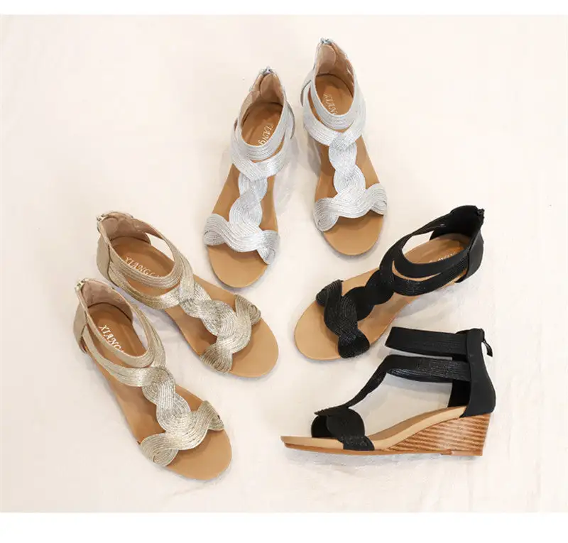 Summer Sandals Women Wedges Shoes Soft Leather T Strap Zipper Open Cover Heel Design Ladies Shoes