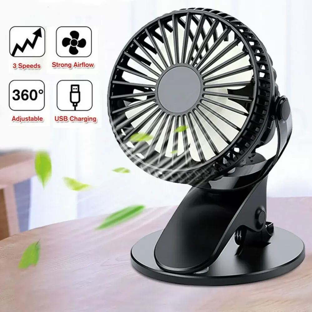 Low Noise Portable Desk Multi-function Mini Fan 360°Rotation Clip USB Fan, 2000mAh Rechargeable Battery