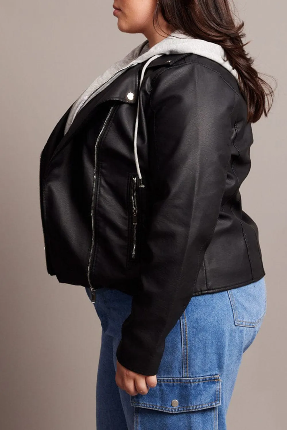 Black Faux Leather Jacket With Detachable Hood