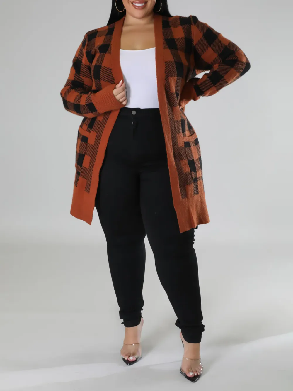 Plaid Knit Coat For Plus-Size Fashion Women