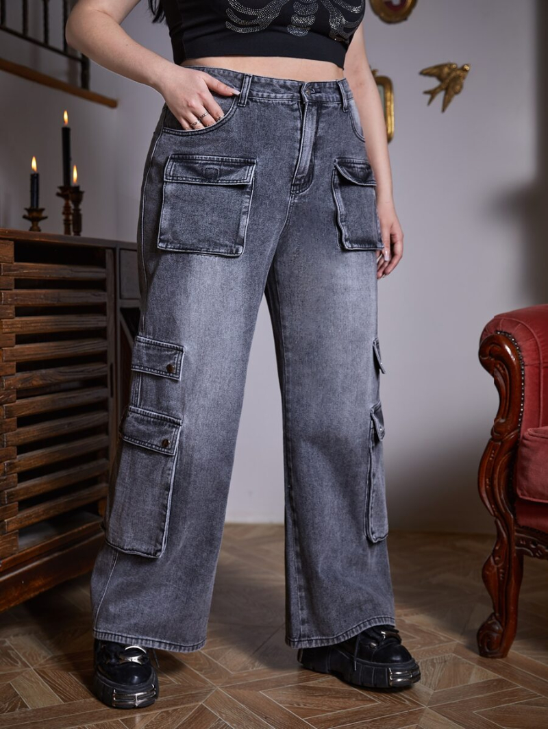 Grunge Punk Plus Flap Pocket Cargo Jeans