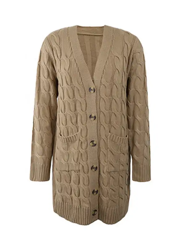 Urban Simple Loose Buttoned Solid Color Jacquard Cardigan Coat