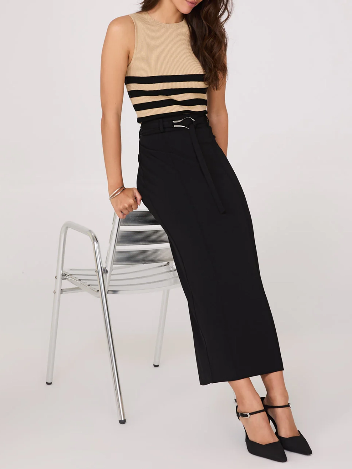 Belted Front Pintuck Column Skirt