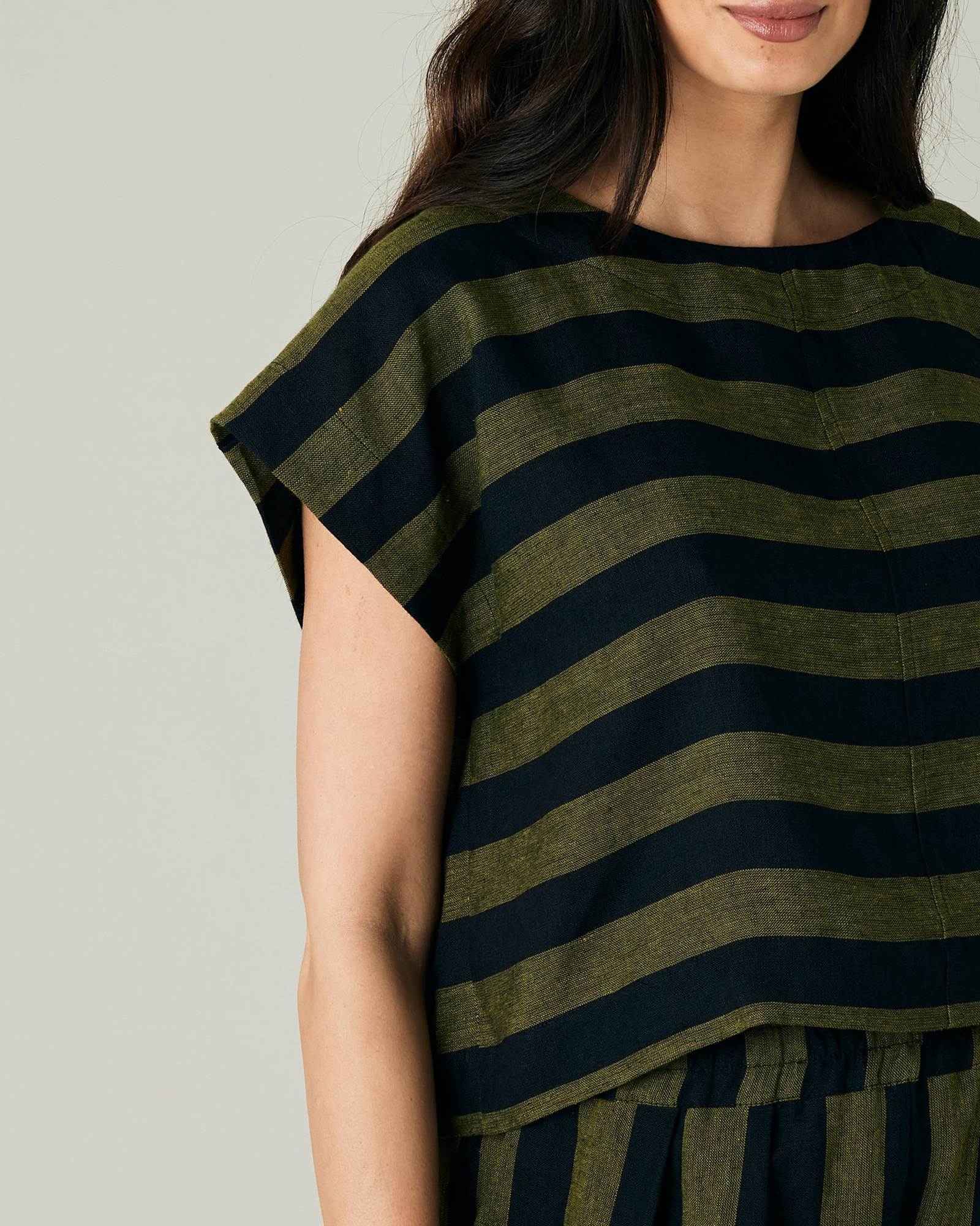 POLLY BLACK & OLIVE STRIPE LINEN TOP