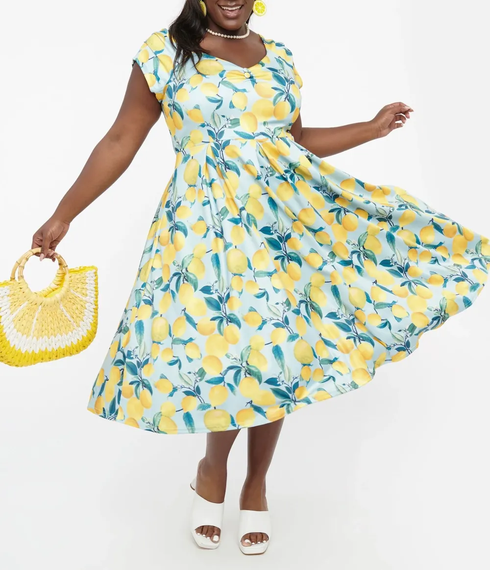 Dolly & Dotty 1950s Blue & Yellow Lemon Off The Shoulder Lily Swing Dress