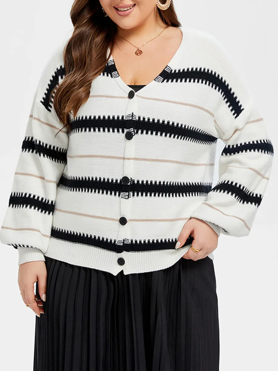 Striped Pattern Button Front Drop Shoulder Cardigan