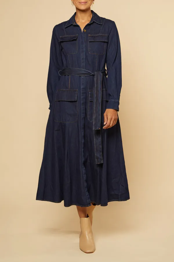 River Chambray Pocket Dress in Dark Wash