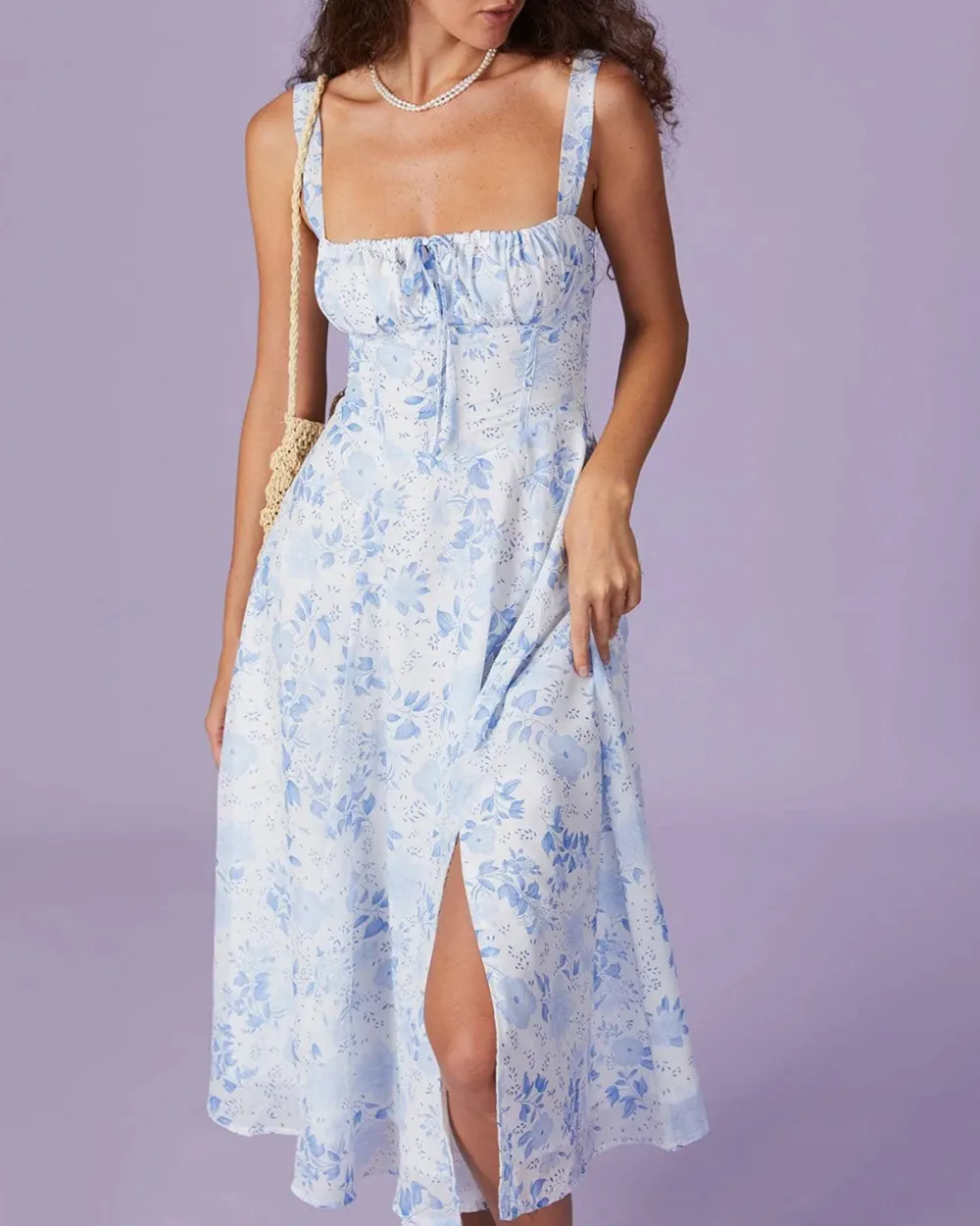 Sky blue fresh long suspender dress