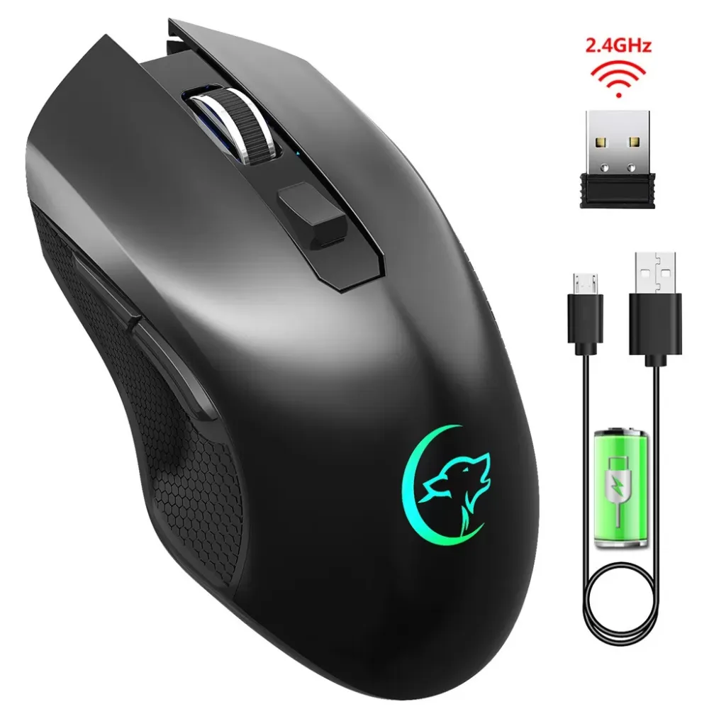 2.4G USB Wireless Mouse 2400DPI Adjustable Rechargeable Colorful Lighting Game Low noise Ergonomic Computer Silent For PC