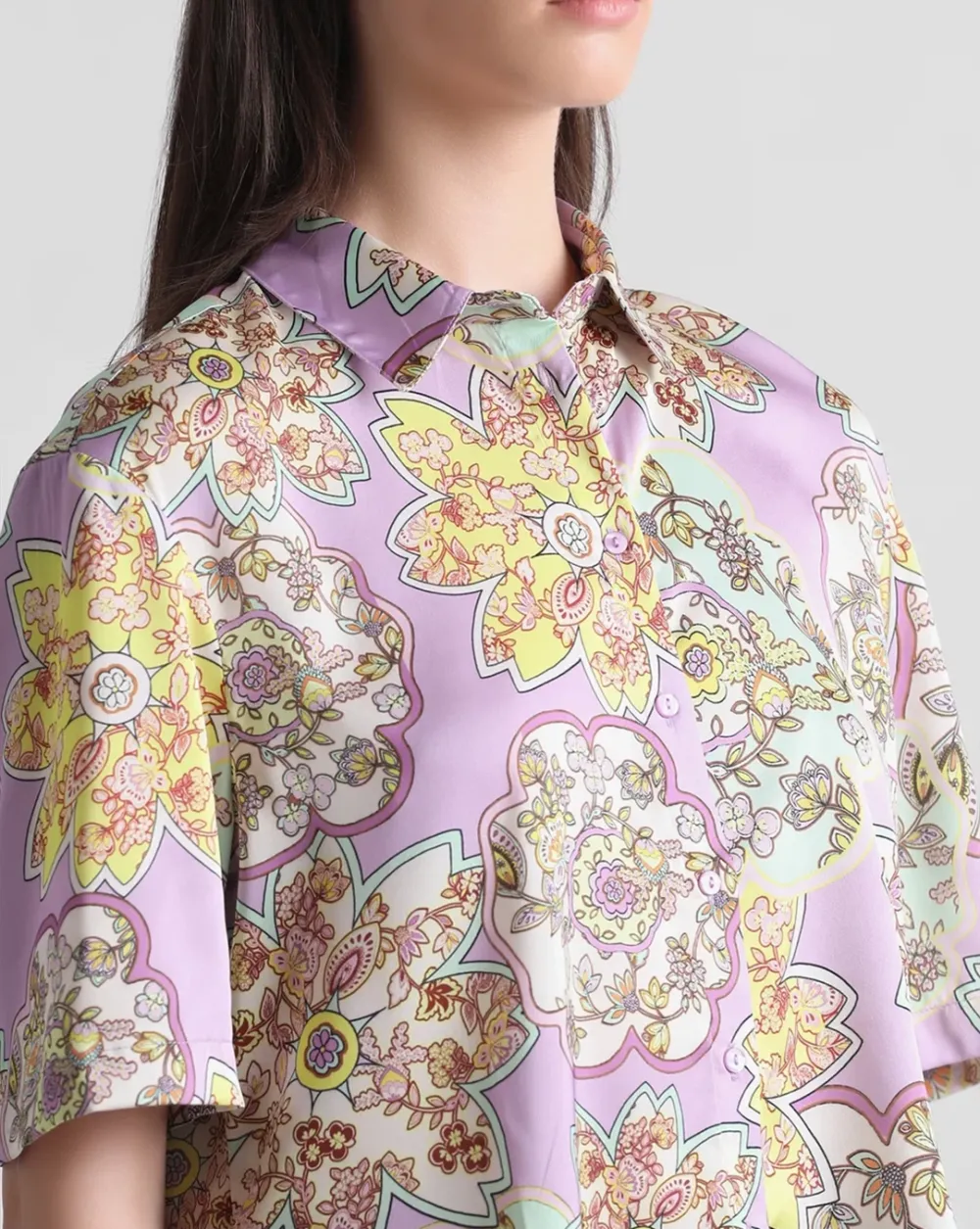 Lavender Floral Print Satin Shirt