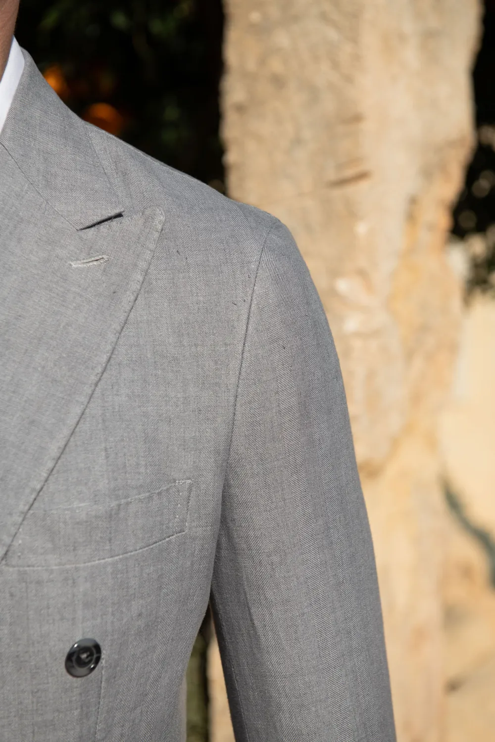 Sky Grey Herringbone Double Breasted Linen Jacket