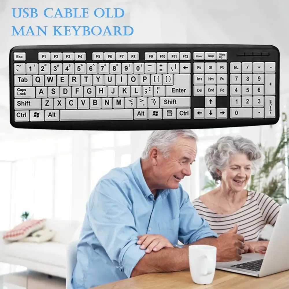 107 Key USB Wired Big Print White Key Black Letter Keyboard for Elder Old People Designed for People With Visual Impairment