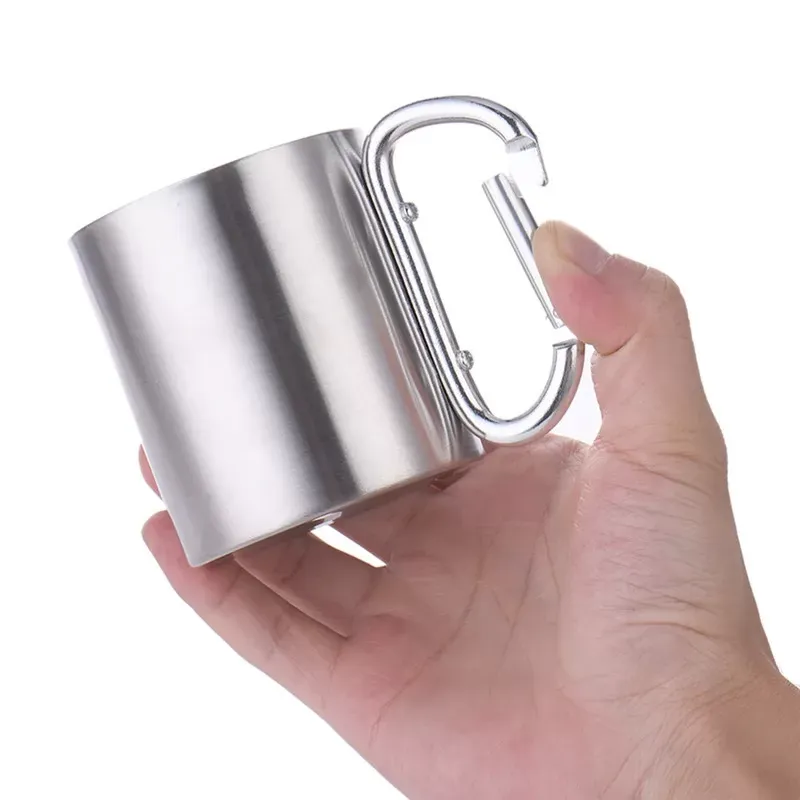 Portable 180ml Stainless Steel Metal Cup Hiking Camping Traveling Outdoor Carabiner Climbing Cups Double Wall Mug with D-Ring Self-Lock Carabiner Hook