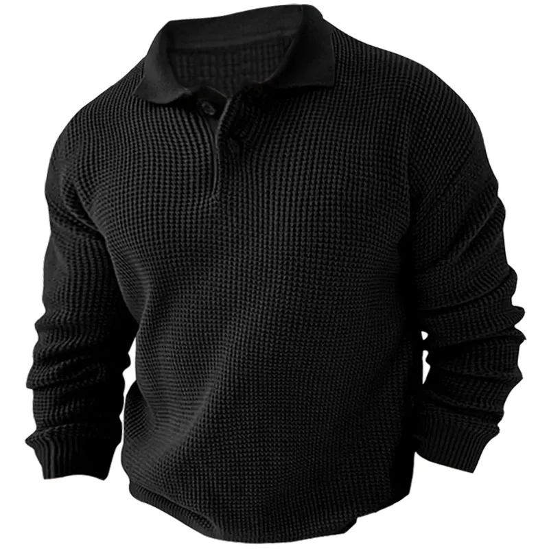 Men's Vintage Long Sleeve Pol Casual Quarter Button Up Lapel Collar Fall Winter O Sweater