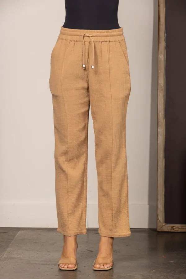 TAUPE DRAWSTRING STRAIGHT LEG LINEN PANTS