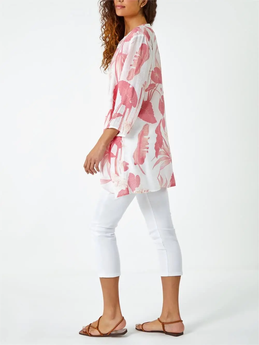 Coral Palm Print V-Neck Wrap Hem Tunic Top