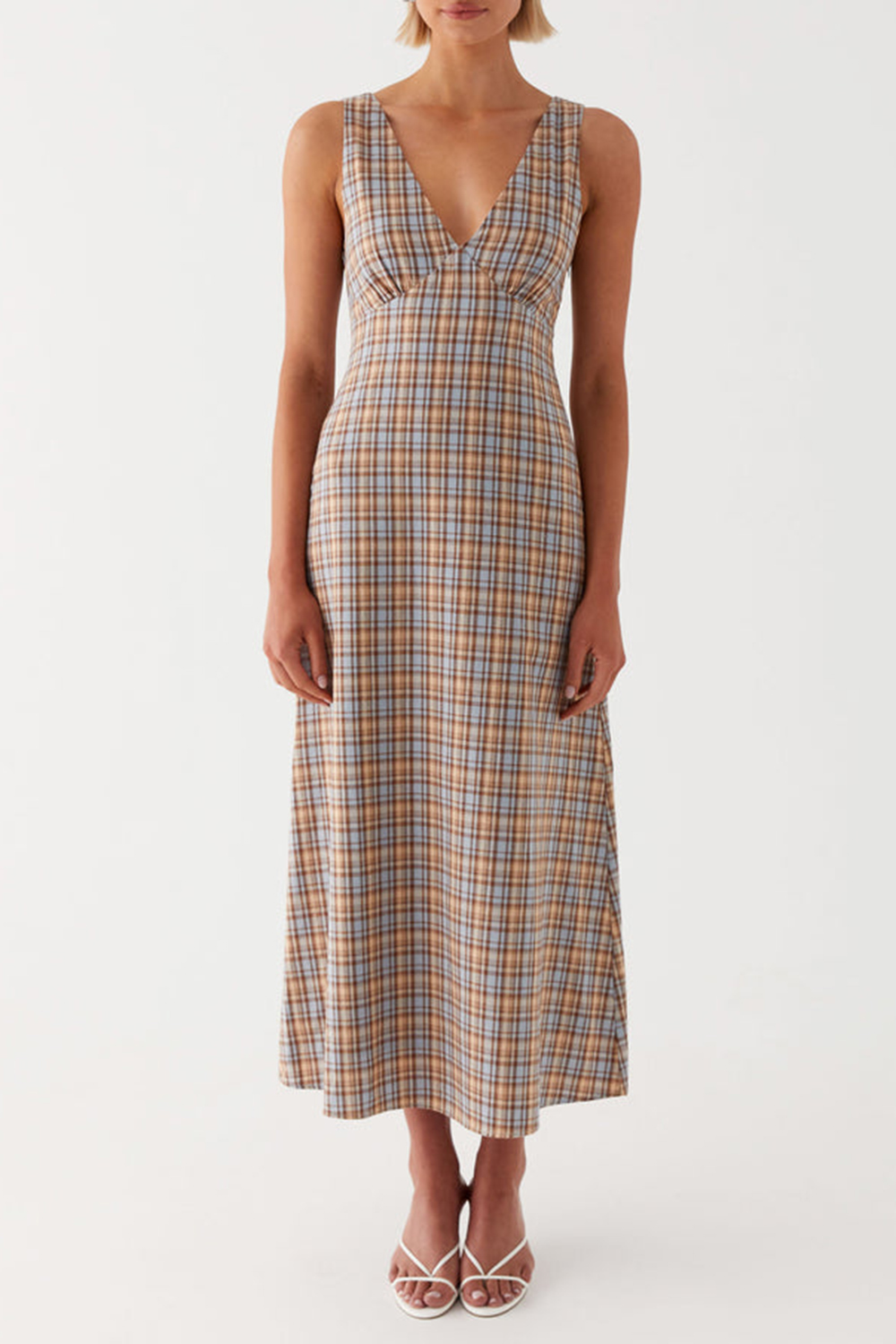 Daphny Gathered Bust Midi Dress - Check