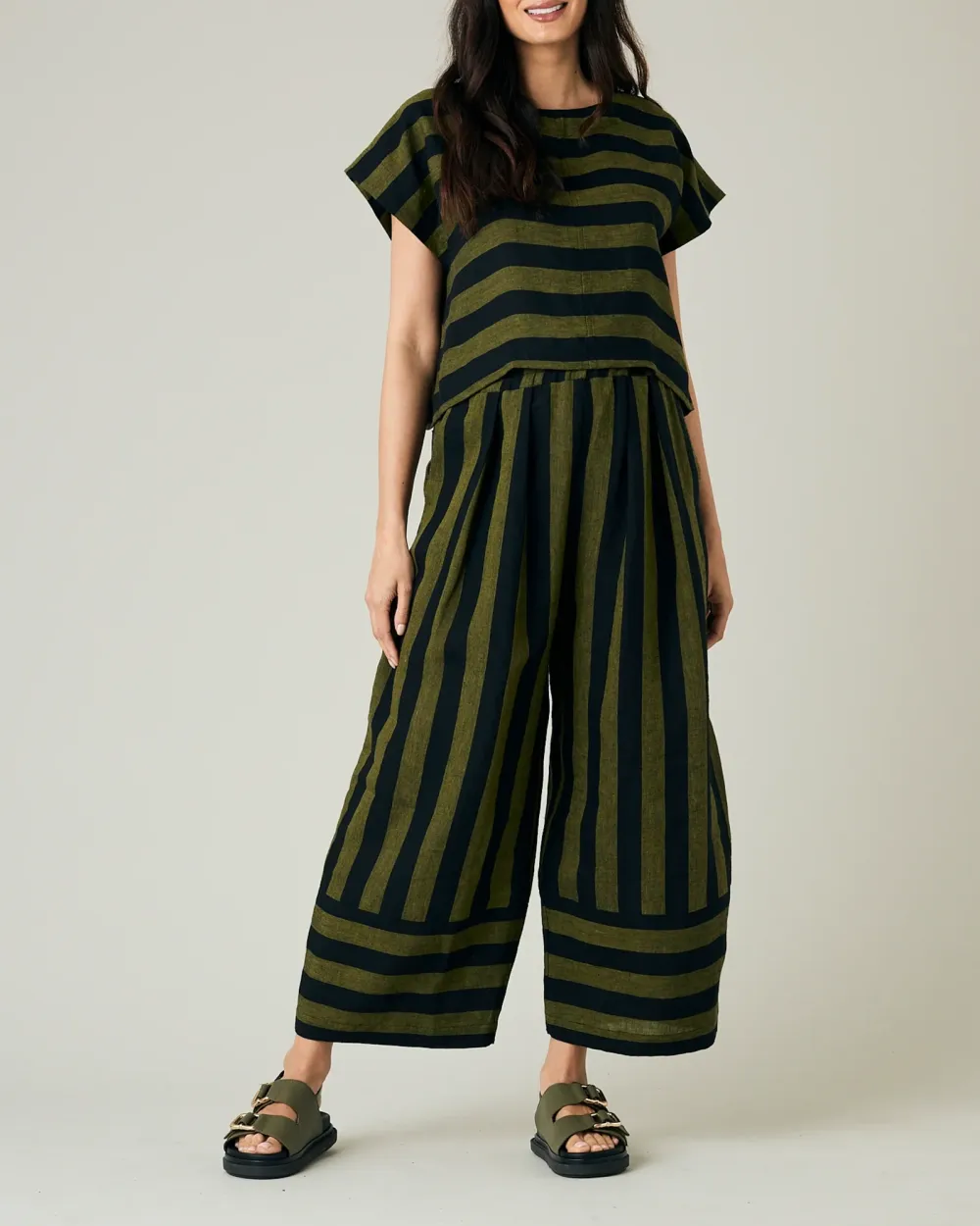 BOBBI BLACK & OLIVE STRIPE LINEN TROUSERS