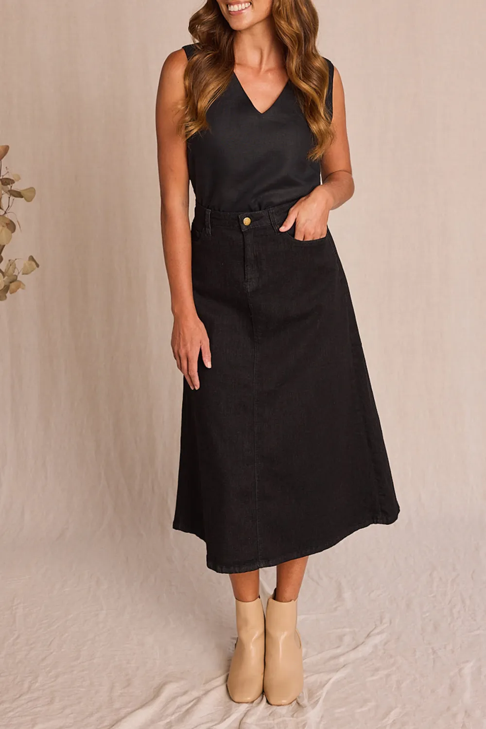 Adrift Denim A-Line Skirt in Black