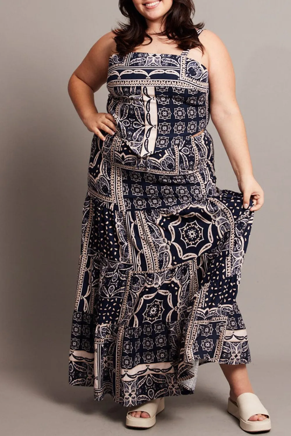 Blue Abstract Tiered Maxi Skirt