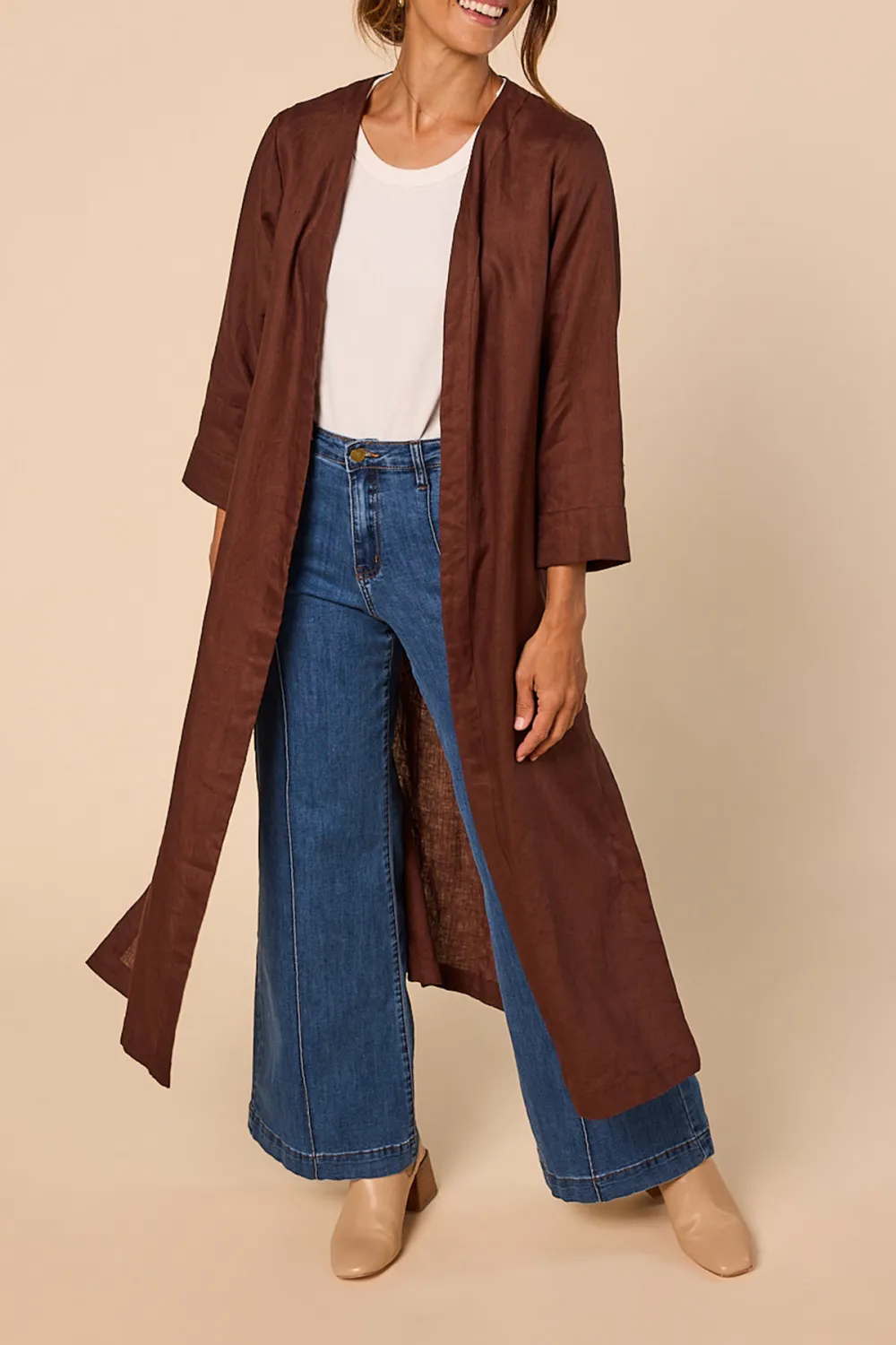 Long Line Linen Duster Jacket In Raisin