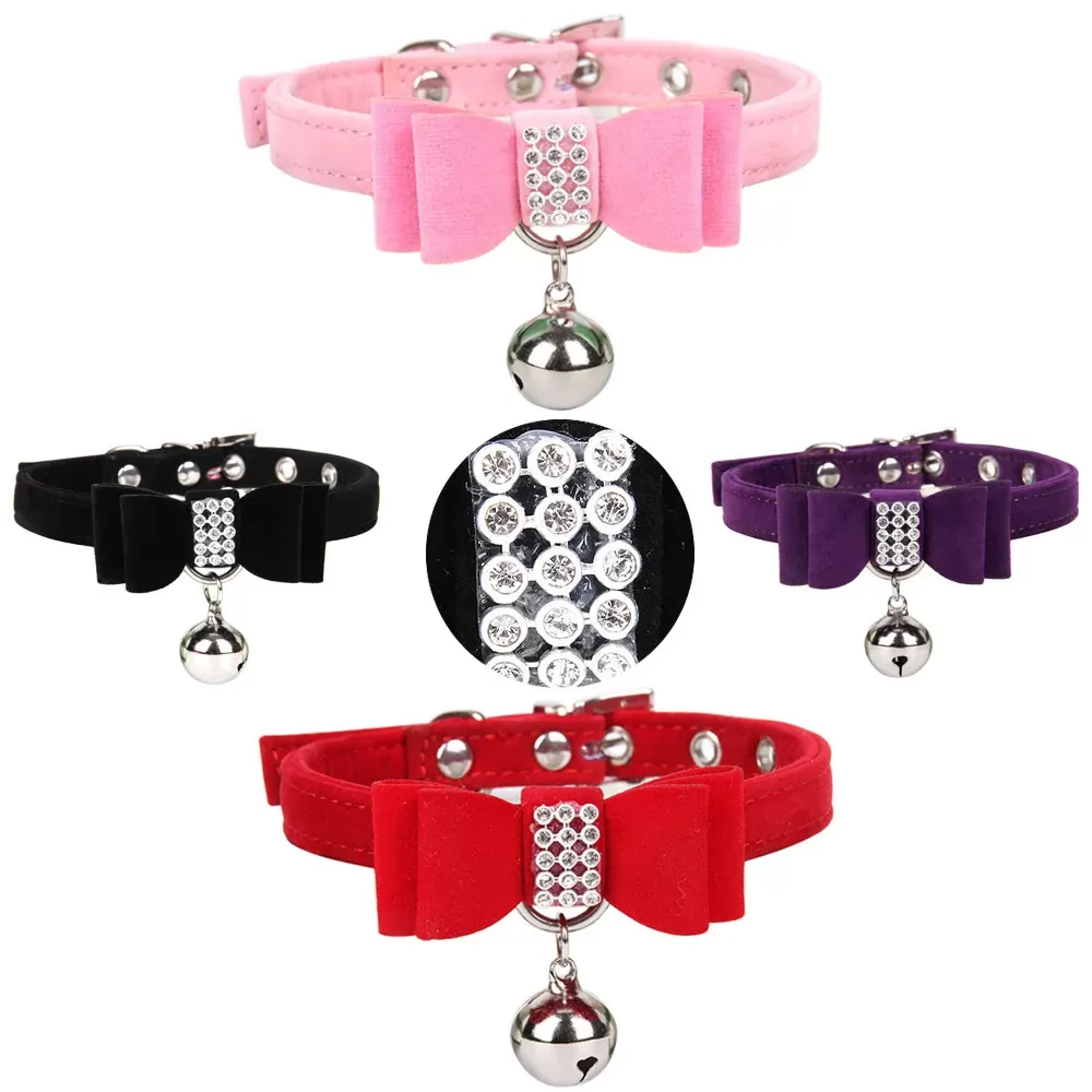 Pet Collar Dog Chain Velvet Elegant Diamond Bow Tie Cattie Collar With Bell