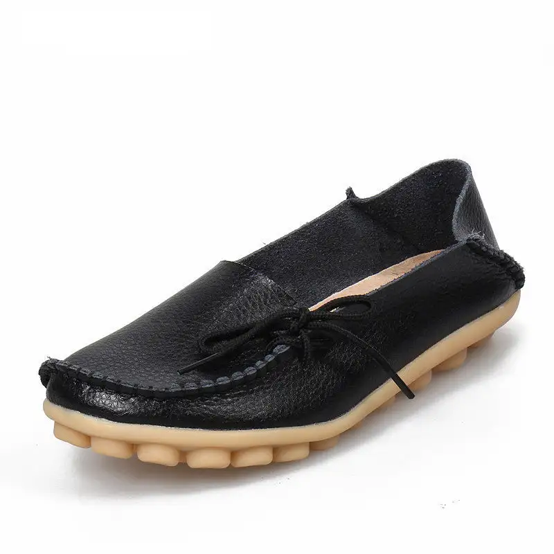 New Moccasins Women Flats Autumn Woman Loafers Genuine Leather Female Shoes Slip On Ballet Bowtie Women's Shoe