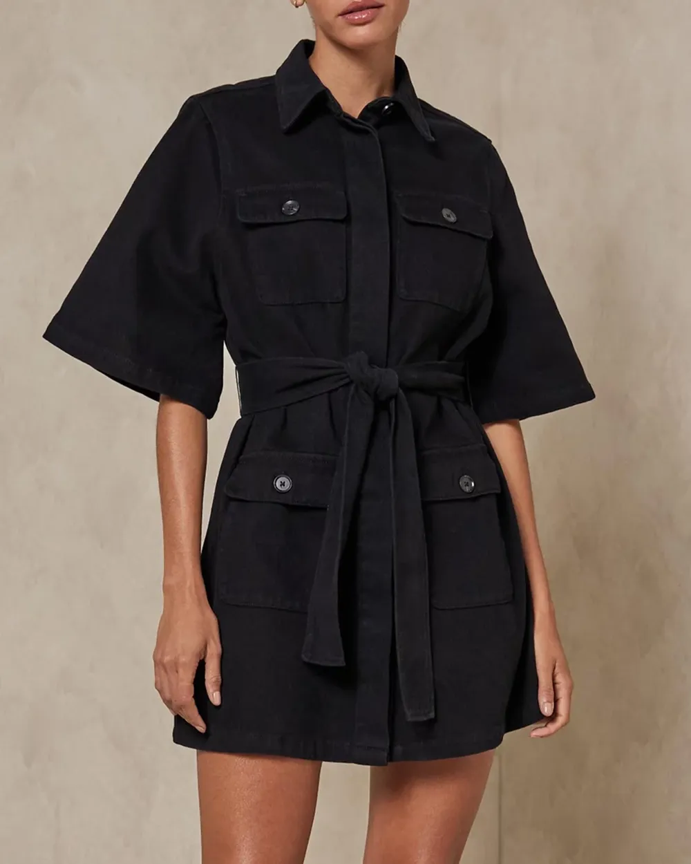 Cotton Wide Sleeve Twill Shirt Dress