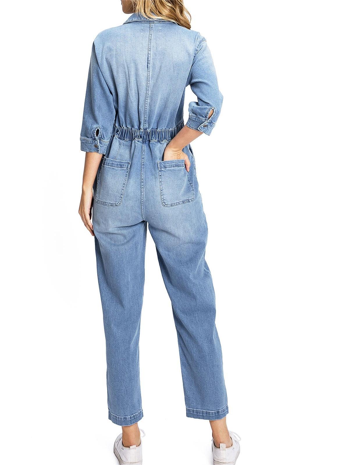 Lana Roux Aviator Relax Denim Utility Coverall Jumpsuit