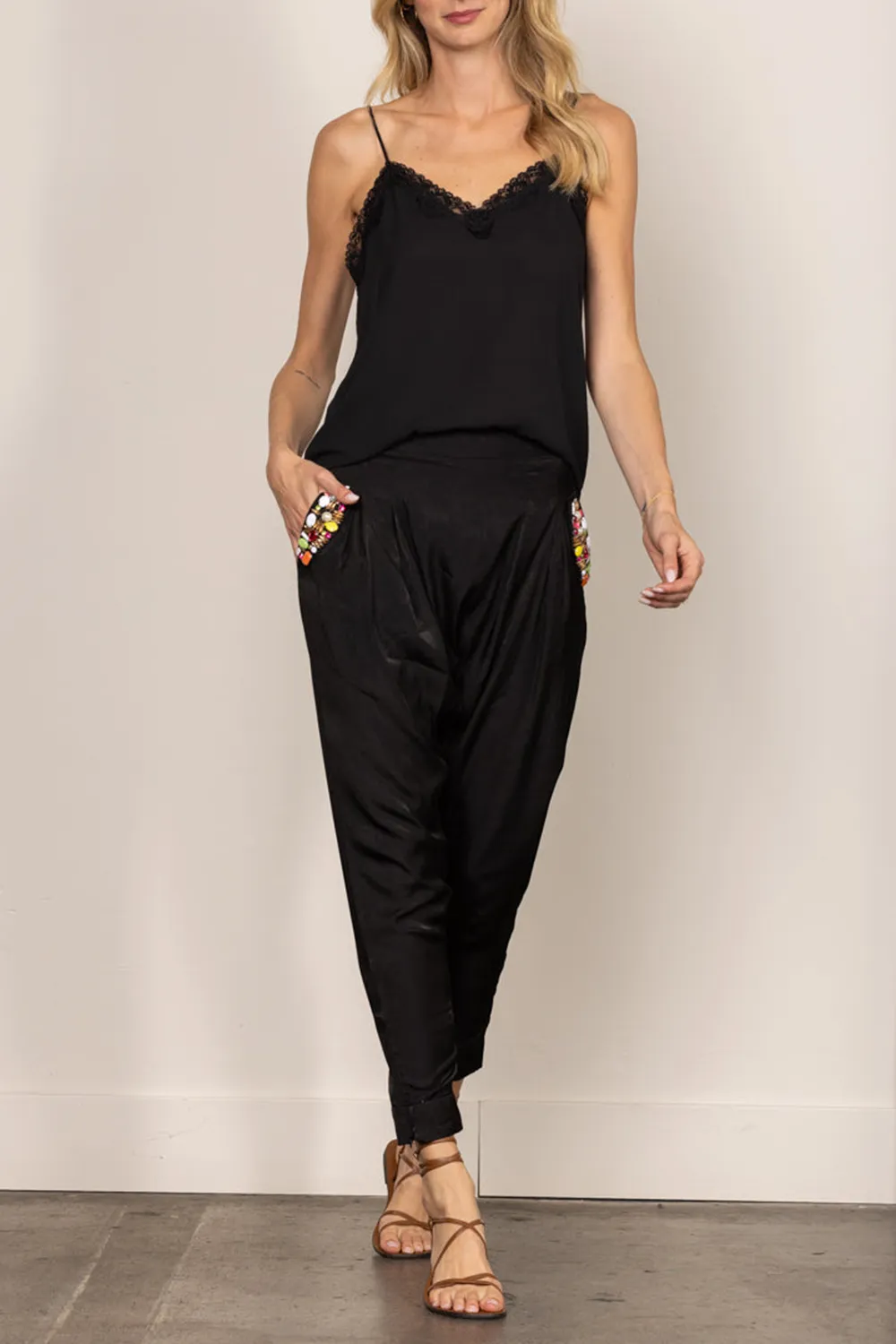 BLACK HAREM BEADS DETAILED PANTS