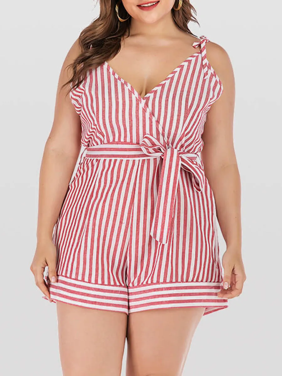 Plus Pink Crisscross Striped V-Neck Knot Side Romper