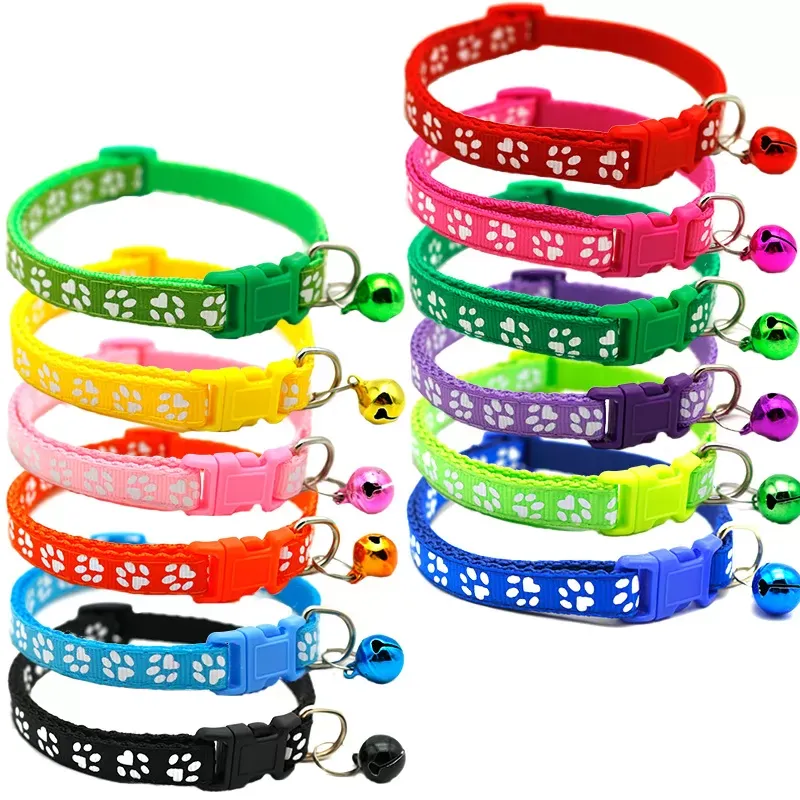 Pet Cat Collar Cute Paw Print Cat Bell Collar Adjustable Nylon Ribbon Collar for Cats Small Dogs Puppy Neck Strap